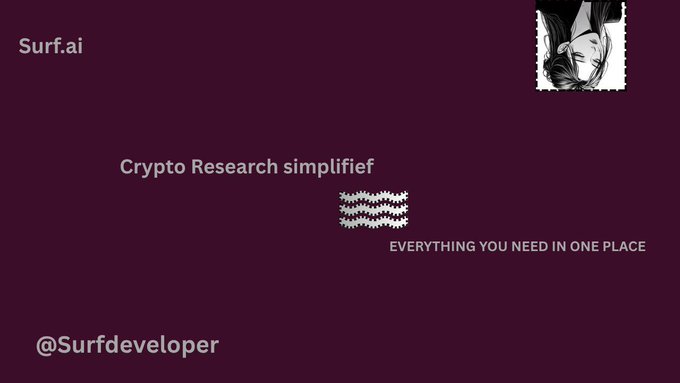 A dark purple-themed slide for Surf.ai reading 'Surf.ai, Crypto Research simplified, EVERYTHING YOU NEED IN ONE PLACE, @Surfdeveloper.'