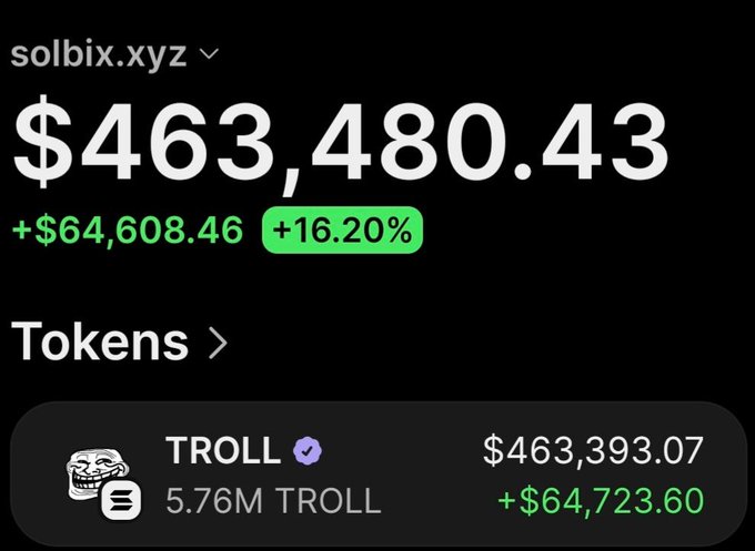 The image shows a close-up view of a price chart for cryptocurrencies on Facebook, with the title "Troll" and various data points such as token amounts, transaction fees, profits, and losses. The overall financial gain or loss depicted is substantial. The viewer can see the price at which this cryptocurrency was bought, the purchase amount in dollars, the final value of these tokens in dollars, the transaction fees, and the corresponding profits or losses within the transaction. The chart offers valuable insights into the performance and worth of a particular cryptocurrency investment over time.