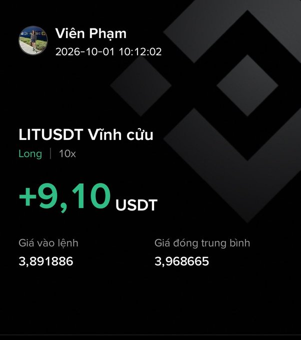A Binance trading screenshot shows a LITUSDT perpetual long position by Viên Pham dated 2026-10-01 10:12:02 with +9.10 USDT profit, entry price 3.891886, and average close price 3.968665.