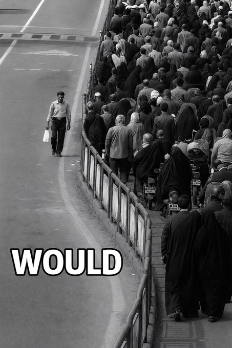 A black and white photograph shows a lone man walking against a dense crowd on a walkway, with the word "WOULD" overlaid at the bottom.
