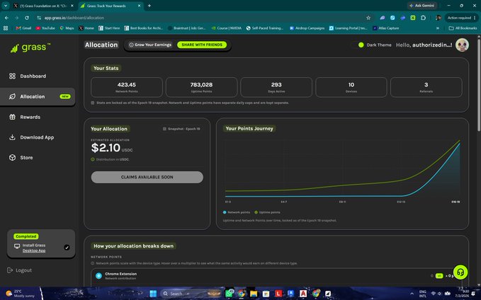 Grass dashboard screenshot showing allocation stats including 423.45 Points, 783,028 Grass Points, 293 Grass Nodes, estimated allocation of $2.10 USDC, and network points breakdown with Chrome Extension.