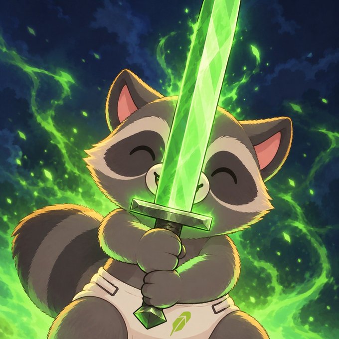 An illustration of a cartoon raccoon character wearing a diaper and wielding a glowing green sword, surrounded by green flames against a dark background.