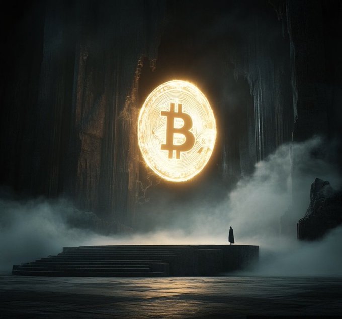 The image features an illustration of a person standing near a large, glowing Bitcoin symbol that appears to be floating above them. The Bitcoin symbol is positioned at the center of the image, surrounded by smoke coming from a cave-like structure on the right side. The scene suggests that the Bitcoin symbol might be related to or associated with the cryptocurrency market.