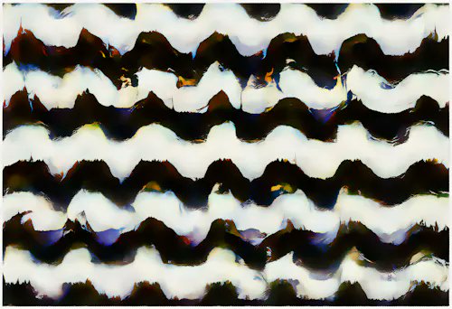 An abstract painting of repeating wavy horizontal black bands over a white background with hints of blue and red.