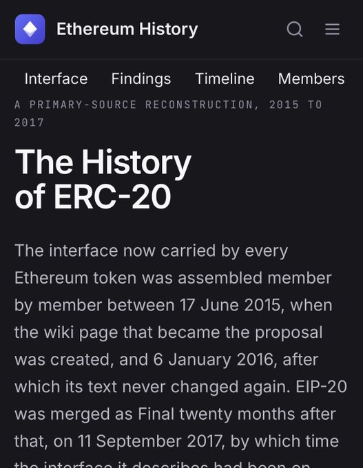 A screenshot of the "Ethereum History" website displays the title "The History of ERC-20," describing it as "a primary-source reconstruction, 2015 to 2017" of the token standard's development between 17 June 2015 and 6 January 2016, before its September 2017 finalization as EIP-20. The page corroborates the post's claim of tracing ERC-20 back to its origins using primary sources.
