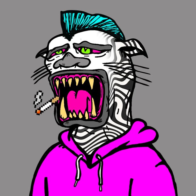 A stylized cartoon illustration of a monstrous humanoid figure with a skull-like face, blue mohawk, fangs, and a pink hoodie, smoking a pixelated cigarette.