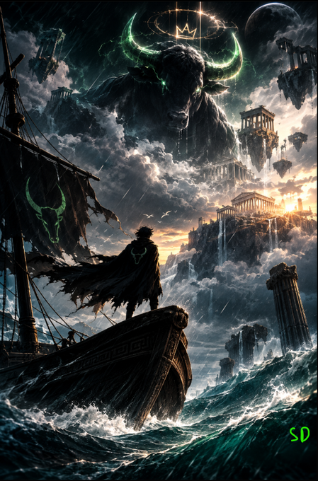 A cloaked figure bearing a green bull emblem stands aboard a storm-tossed ship beneath a massive, glowing-horned bull deity rising above floating ancient ruins, with "SD" signed in the corner—visually echoing the post's "Black Bull" metaphor of defiant upward ambition amid market turbulence and the "sky left" to climb.
