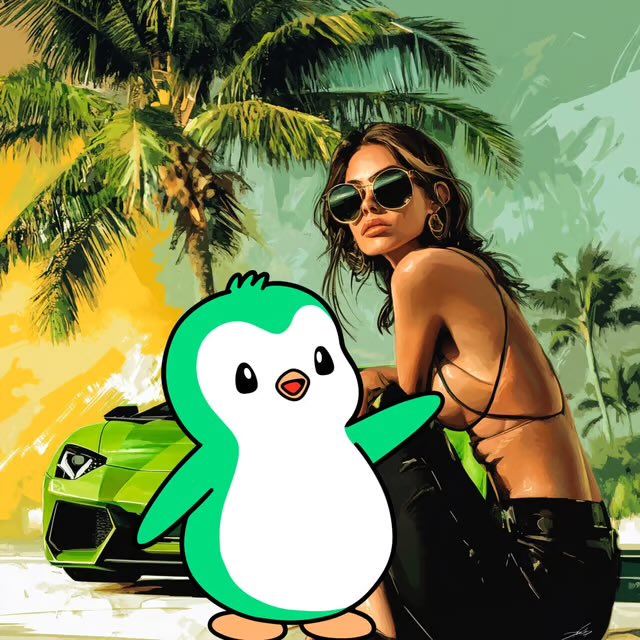 An illustrated artwork featuring a woman in sunglasses next to a green sports car with palm trees, with a cartoon penguin mascot overlaid in the foreground.