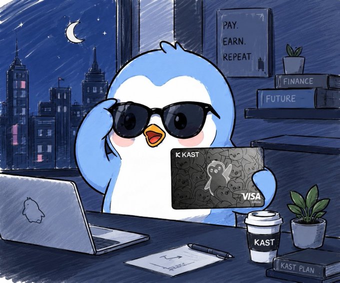 A cartoon penguin character wearing sunglasses holds a 'KAST' Visa card at a desk with a laptop, coffee cup, and books labeled 'FINANCE FUTURE' and 'PAY. EARN. REPEAT.'