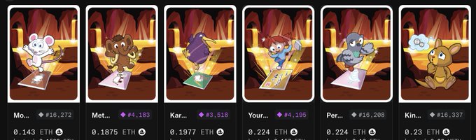 A row of six cartoon animal NFT cards displayed with prices in ETH (ranging from 0.143 ETH to 0.224 ETH) and dollar values.