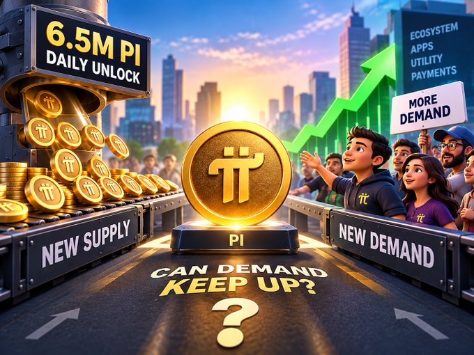 A 3D-rendered crypto promotional graphic featuring a large golden Pi Network (π) coin on a conveyor belt between "NEW SUPPLY" and "NEW DEMAND", with text reading "6.5M PI DAILY UNLOCK", "ECOSYSTEM APPS UTILITY PAYMENTS", "MORE DEMAND", and "CAN DEMAND KEEP UP?".