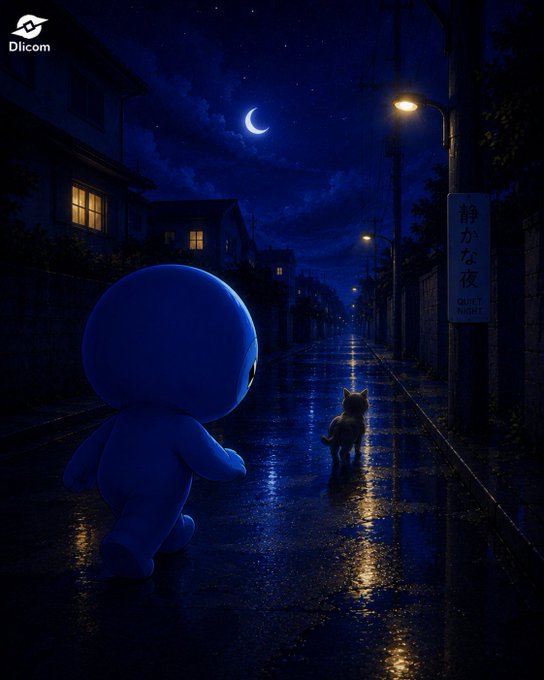 An anime-style nighttime illustration of a small blue character walking down a wet, moonlit street in Japan, following a cat, with a 'Quiet Night' sign reading '静かな夜' and the 'Diicom' logo in the corner.