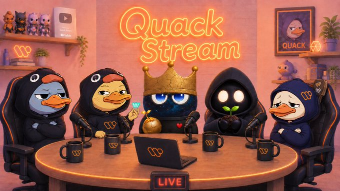 urns of gold and blue, penguin figurines, and a cartoon character with a crown are featured on a pink wall, accompanied by the text "Quack Stream" and "Live".