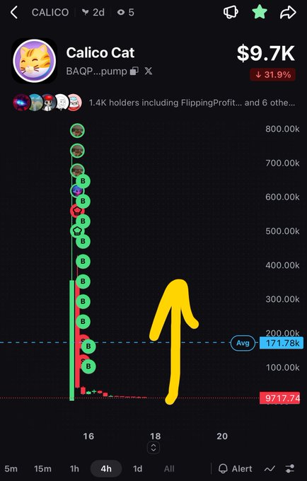 A memecoin tracking chart for 'Calico Cat' (BAQP...pump) showing a current price of $9.7K with a 31.9% decline and an average price of 171.78k.