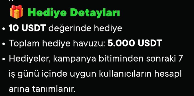 A dark slide titled 'Hediye Detaylari' (Gift Details) listing campaign rewards in Turkish, including '10 USDT değerinde hediye', a '5.000 USDT' total prize pool, and a 7 business day distribution timeline.