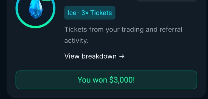 A screenshot showing an Ice tier with 3× tickets earned from trading and referral activity, with a notification that reads "You won $3,000!"