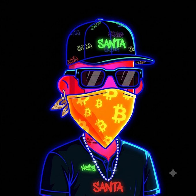 A vibrant neon-style illustration of a stylized character wearing a cap and bandana printed with Bitcoin logos, a chain, and a black shirt featuring "SANTA" and "Wolfys" text, paired with dark sunglasses. The crypto-gangster aesthetic and "SANTA" branding tie into the "gm nfts" post as a flashy Web3-themed avatar.