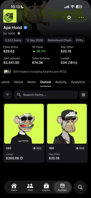 The image shows an NFT collection called "Ape Hood" by reido, displaying collection statistics including a floor price of $28.63 and 800 holders including Kaanha and RFDZ, along with individual NFT listings (item #240 listed at $265.06 and item #169 with a top offer of $25.18). This relates to the post about still holding 2 of 3 gifts, as the screenshot showcases two of the "Ape Hood" NFTs the user continues to hold onto despite the high drop percentage noted in the collection stats.
