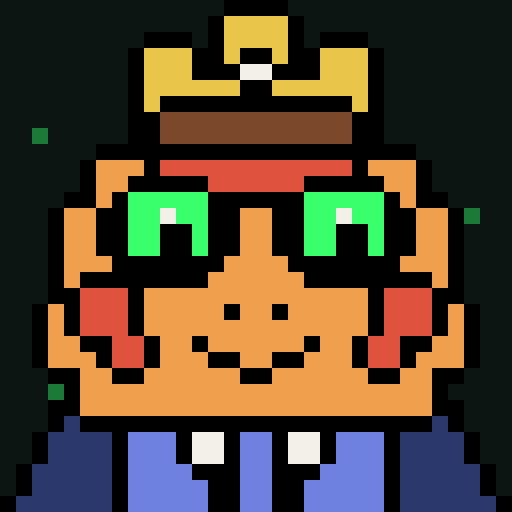 A pixel-art character with green eyes, red hair, a yellow crown-like accessory, and a blue shirt against a dark background.