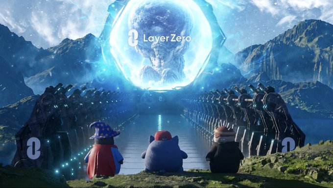 A promotional image for 'LayerZero' featuring three cartoon characters in wizard costumes looking at a portal revealing Earth, surrounded by mechanical arrays in a mountainous landscape.