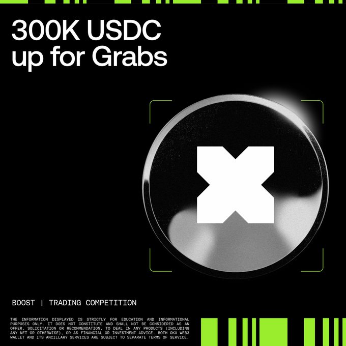 The image features a poster for a trading competition where traders can win up to 300K USDC using Solana's tokenized stocks, which are represented by an upside-down X symbol. The top five traders who make the most gains on their trades will be rewarded with this prize pool. The event is set to take place from June 24th to 10 AM UTC, and it appears to be a web3.okx.com-based competition, where the traders can leverage their tokens for financial gains.