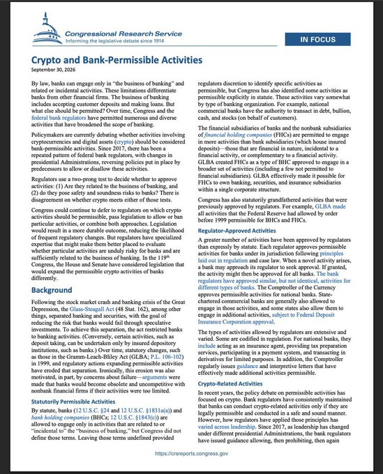 A page from a 'Congressional Research Service' report titled 'Crypto and Bank-Permissible Activities' dated September 30, 2026, discussing banking regulations, crypto activities, and deposit insurance.