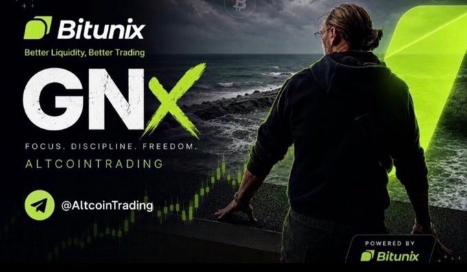 A promotional graphic for "Bitunix" with the tagline "Better Liquidity, Better Trading" and "GNX" with "FOCUS. DISCIPLINE. FREEDOM. ALTCOINTRADING" featuring a man looking at the ocean.