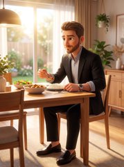 A digital illustration of a bearded man in a suit sitting at a sunlit dining table with a meal, holding a fork.