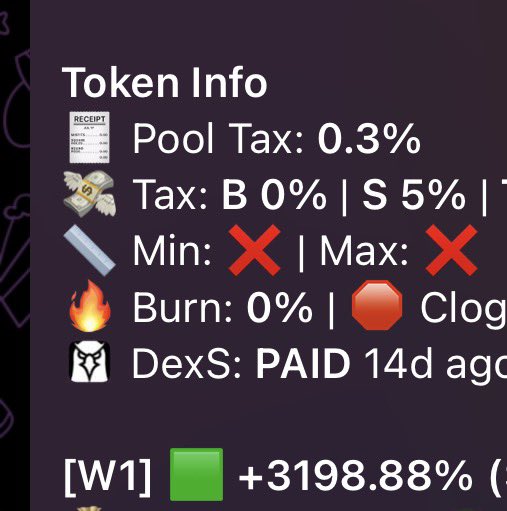 A "Token Info" panel displays key metrics for a cryptocurrency with a 0.3% pool tax, 5% sell tax, and a DexS listing that was paid for 14 days ago, alongside a striking +3198.88% gain shown in green, reflecting the "Crazy run" referenced in the post.