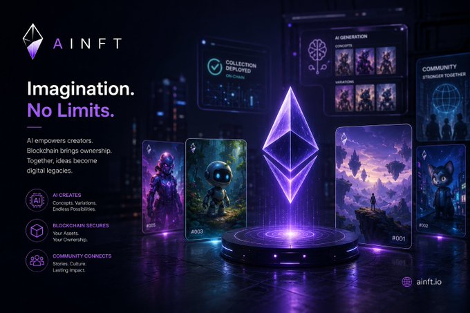 Another promotional graphic for AINFT with the tagline 'Imagination. No Limits.' showing a glowing Ethereum logo alongside NFT cards and a collection deployed on-chain.