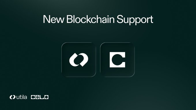 A dark green graphic announces 'New Blockchain Support' with two icons representing QUTILA and CELO blockchains.