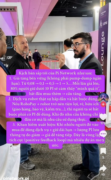 A screenshot of a video showing two men in conversation at what appears to be a conference, with Vietnamese text overlaid discussing a 'Kịch bản sắp tới của Pi Network' (Upcoming Pi Network scenario) including price predictions from $0.08 to $5 and supply/demand dynamics, credited to pinetwork.pi.