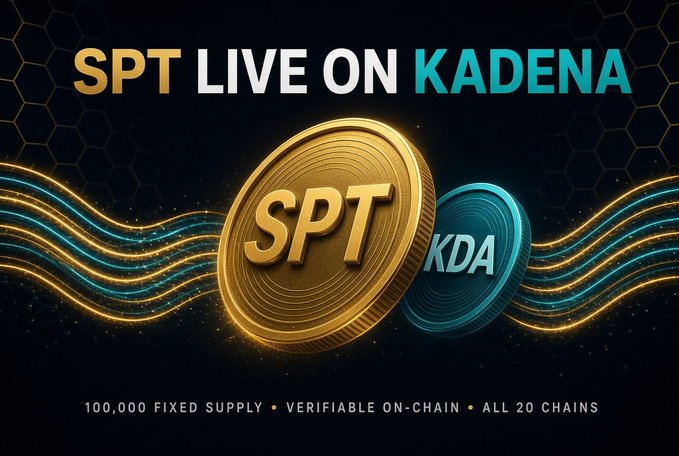 A promotional graphic for a cryptocurrency launch, featuring the text 'SPT LIVE ON KADENA' above gold SPT and teal KDA coins, with the tagline '100,000 FIXED SUPPLY • VERIFIABLE ON-CHAIN • ALL 20 CHAINS'.