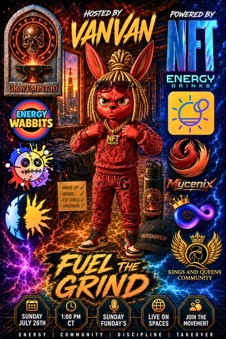The promotional flyer advertises a "Fuel the Grind" Sunday Funday event hosted by VanVan, powered by NFT Energy Drinks and featuring Energy Wabbits, scheduled for Sunday, July 26th at 1:00 PM CT live on Spaces, with a $50 SOL giveaway and NFTs as highlighted in the accompanying post celebrating the upcoming birthday event.
