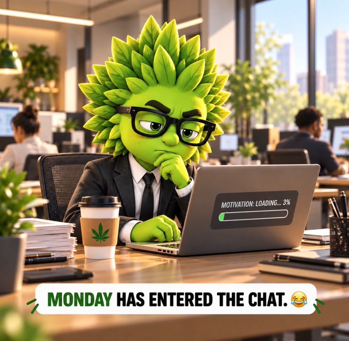 A cartoonish green plant-like character in a suit and glasses sits at an office desk with a coffee cup and laptop displaying 'MOTIVATION: LOADING... 3%', captioned 'MONDAY HAS ENTERED THE CHAT. 😂'