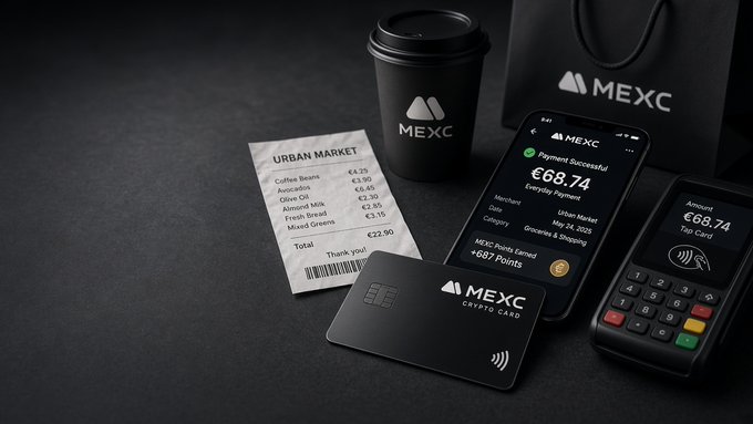 A promotional image displaying crypto-related items including a MEXC-branded coffee cup, a phone showing a €68.74 payment confirmation, a payment terminal, a 'MEXC CRYPTO CARD', and an Urban Market receipt.