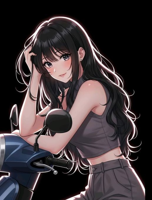 An anime-style illustration of a long-haired girl in a dark crop top and pants posing beside a motorcycle against a black background.