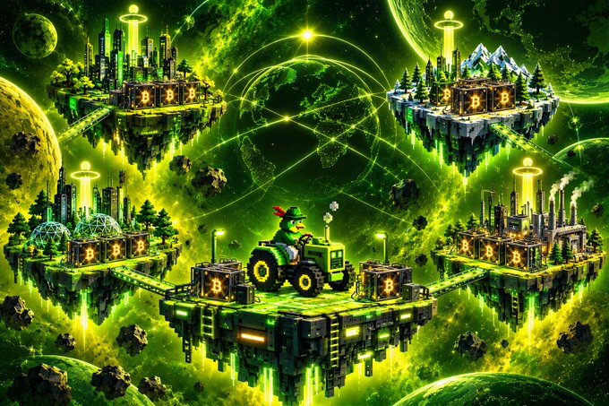 A vivid sci-fi illustration shows a farming vehicle on a central floating platform linked to four futuristic city-islands, glowing green energy beams, Bitcoin “฿” crates, planets, and orbital networks. It illustrates the post’s vision of humanity building advanced space-based civilization and Project Sphere XY’s NFT mint supporting that “Kardashev Type II” ambition.
