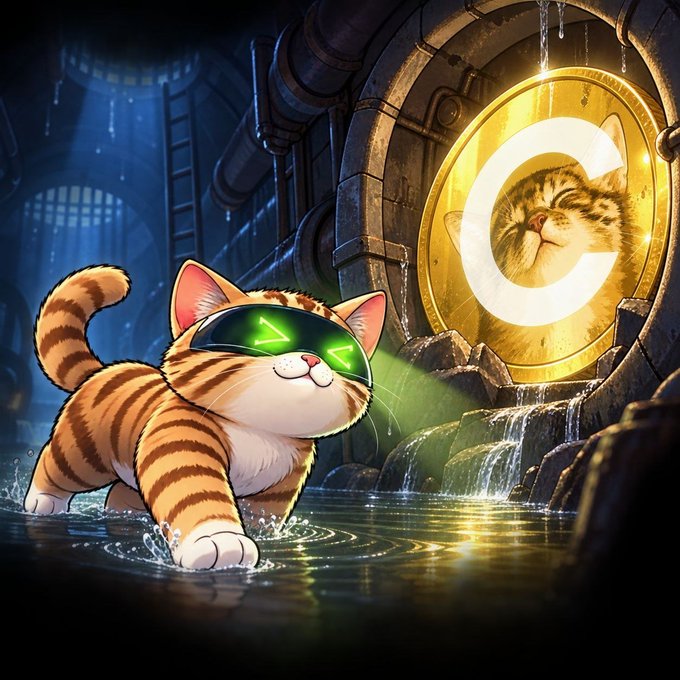 A digital illustration of an orange tabby cat wearing futuristic green goggles with arrows for eyes, walking through shallow water in a dark, industrial underground setting with a large golden 'C' emblem featuring a cat face in the background.