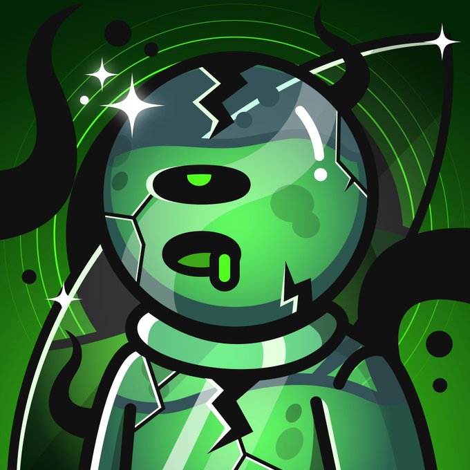 A cartoon illustration depicts a green zombie-like character with an astronaut helmet, cracked visor, and drooling mouth, set against a green background with sparkles and dark swirling shapes.
