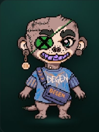 A pixel art character with stitched skin, a green X over one eye, and a blue shirt labeled "DEGEN", holding a "DEGEN" bag.