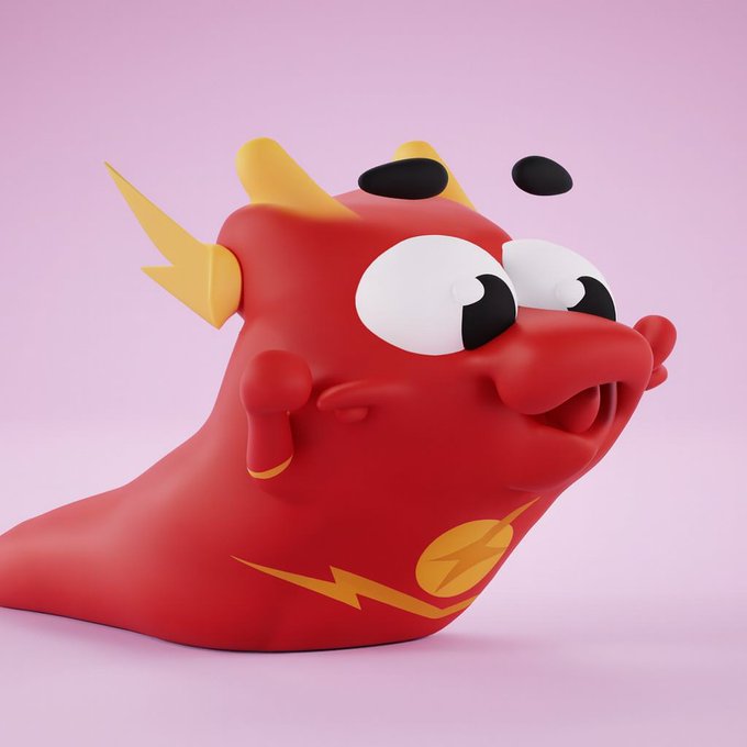 A 3D rendered illustration of a red slug-like character with large googly eyes, a yellow lightning bolt emblem on its chest, and a small black top hat on its head, set against a pink background.