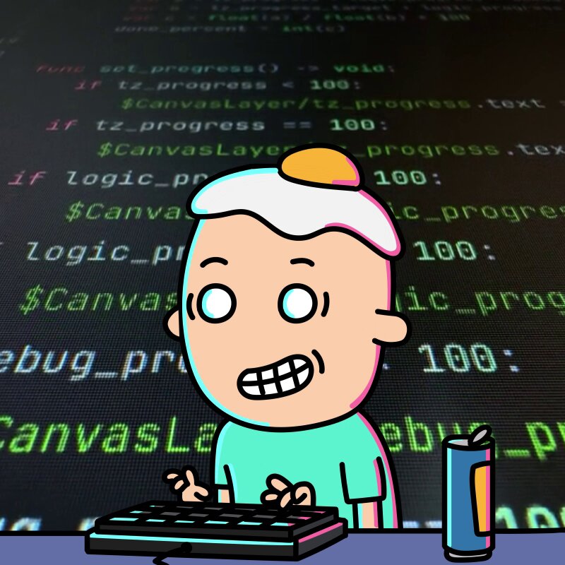 The image features a cartoon character, possibly a boy or a man, sitting at a computer desk with a keyboard and a can of soda next to him. The background shows a screen filled with programming code, which appears to be related to web development. The caption for this image reads "Focus on what is in the image and how it relates to the post".