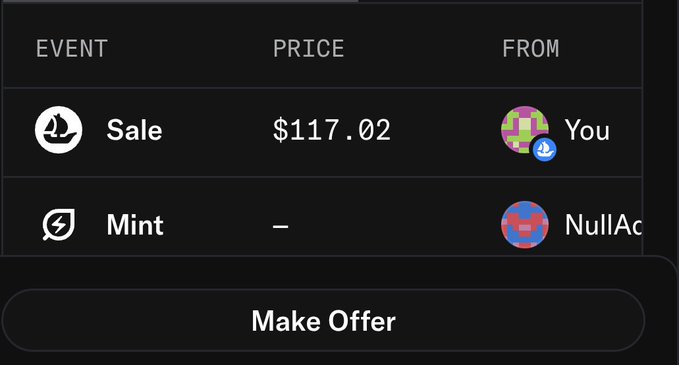 A digital interface displays event listings, showing a 'Sale' for $117.02 from 'You' and a 'Mint' from 'NullAc', with a 'Make Offer' button at the bottom.