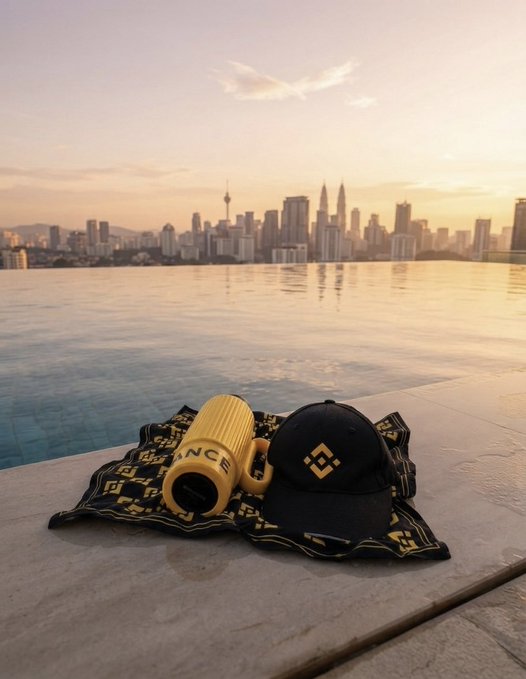 A yellow cylindrical object and a black cap rest on a patterned cloth by an infinity pool overlooking the Kuala Lumpur skyline at sunset, including the Petronas Towers.