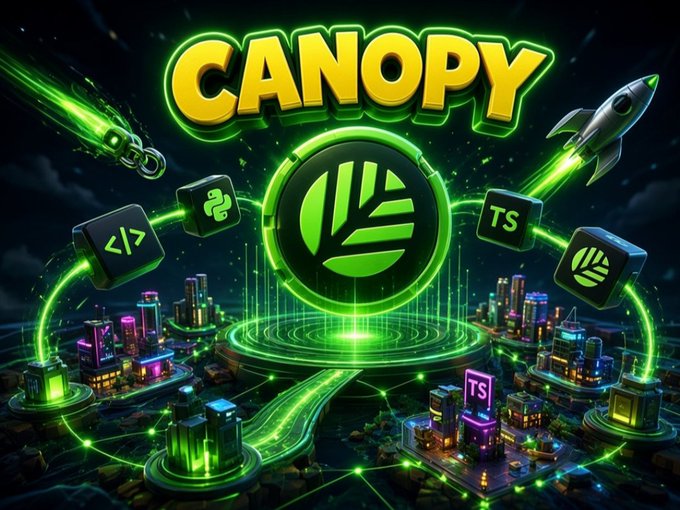 A vibrant digital promotional graphic for 'CANOPY' featuring the name in large yellow letters above a green leaf logo, surrounded by technology icons, rockets, and a futuristic neon cityscape.
