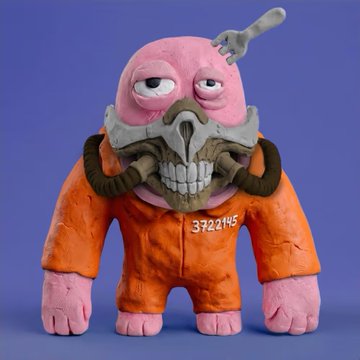 3D-rendered character figurine with a pink head, skull-like mask, wrench on top, and an orange prison-style jumpsuit marked '3722145' against a purple background.
