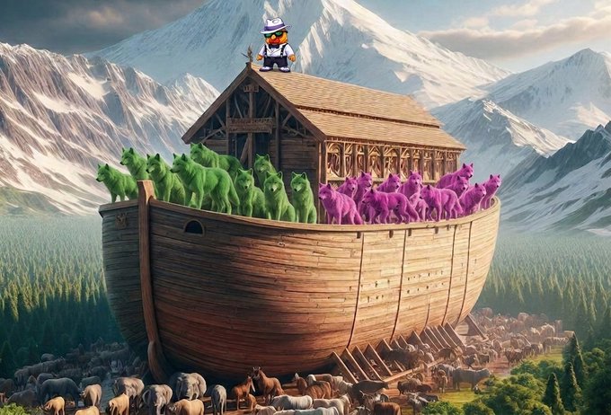 An AI-generated image featuring a cartoon duck character standing atop a large wooden ark filled with green and purple animal figures, set against a mountainous landscape with other animals below.