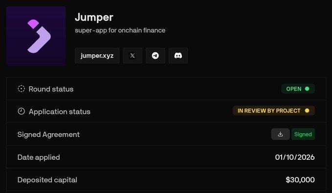 The image shows a dashboard for "Jumper," a super-app for onchain finance, displaying an "OPEN" round status with the application currently "IN REVIEW BY PROJECT," a signed agreement, an application date of 01/10/2026, and deposited capital of $30,000. This visually confirms the poster's claim of bidding $30k on Jumper, illustrating the oversubscribed opportunity they're participating in while maintaining additional dry powder in their Ethos portfolio.