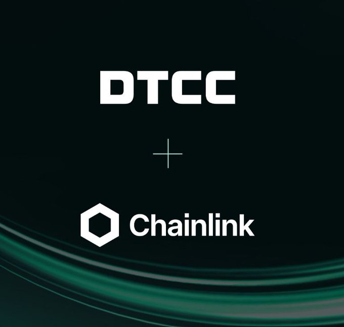 The "DTCC" and "Chainlink" logos are displayed side-by-side with a plus sign between them, illustrating their partnership. The image visually represents the collaboration mentioned in the post, where DTCC utilizes Chainlink's technology.